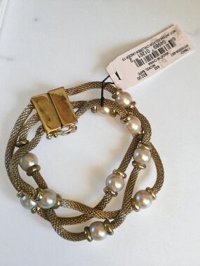 Anne Klein Vtg Gold Multi Strand Faux Pearl Bracelet Magnetic Clasp NWT Elegant